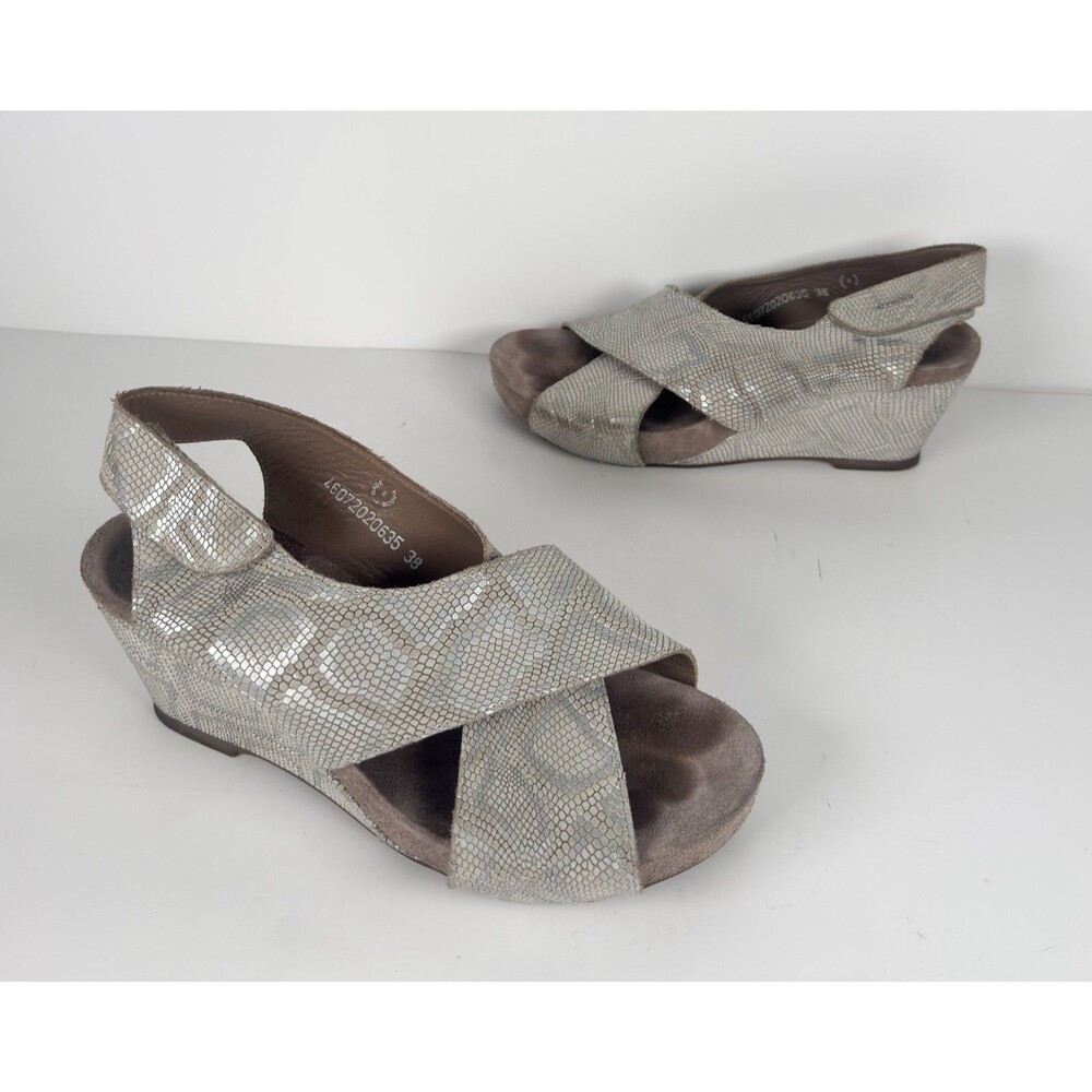 Mephisto Belinda Silver Grey Python Snakeskin Wedges Sandals EU 38 US 7.5/8